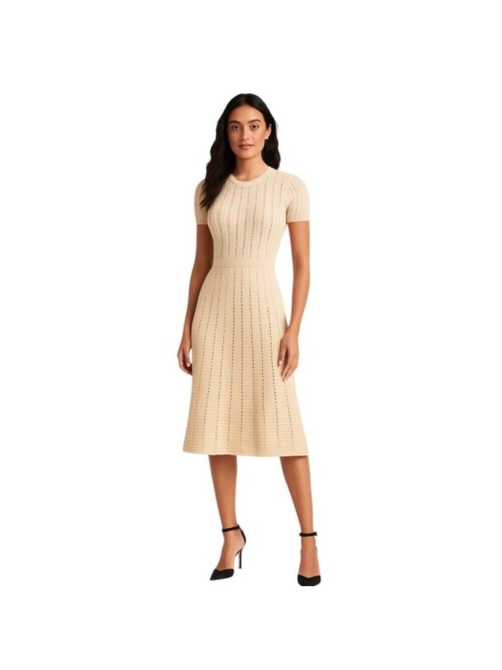 Zoe & Claire Cream Fit & Flare Short Sleeve Midi Sweater Dress